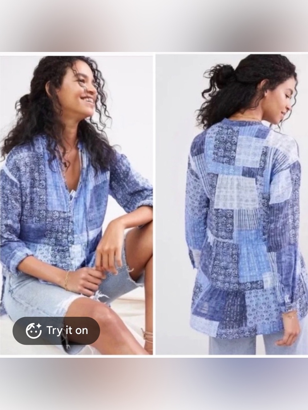 Anthropologie Pilcro NWT Blue Patchwork Print Long-Sleeve Top oversized S